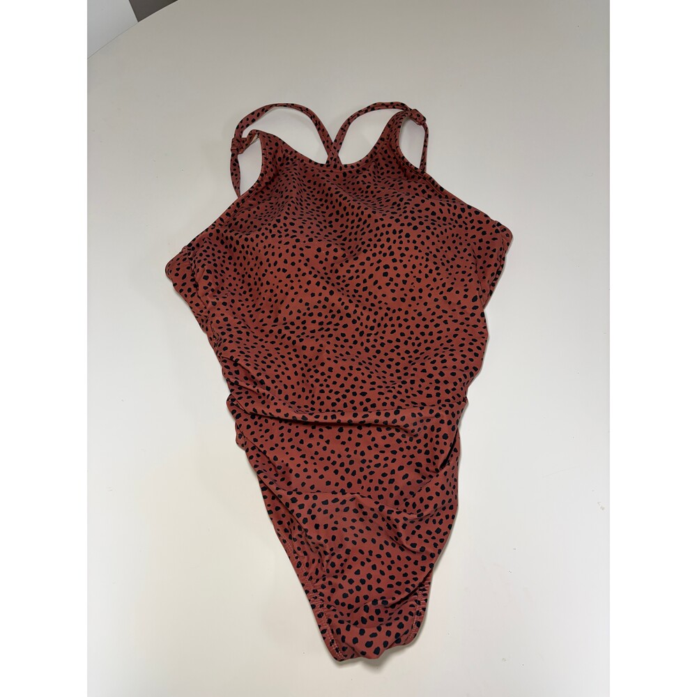 KONA SOL Swimsuit Sz 16 Brown Black Leopard Spot w/ Ruching, Bra, Adj Strap